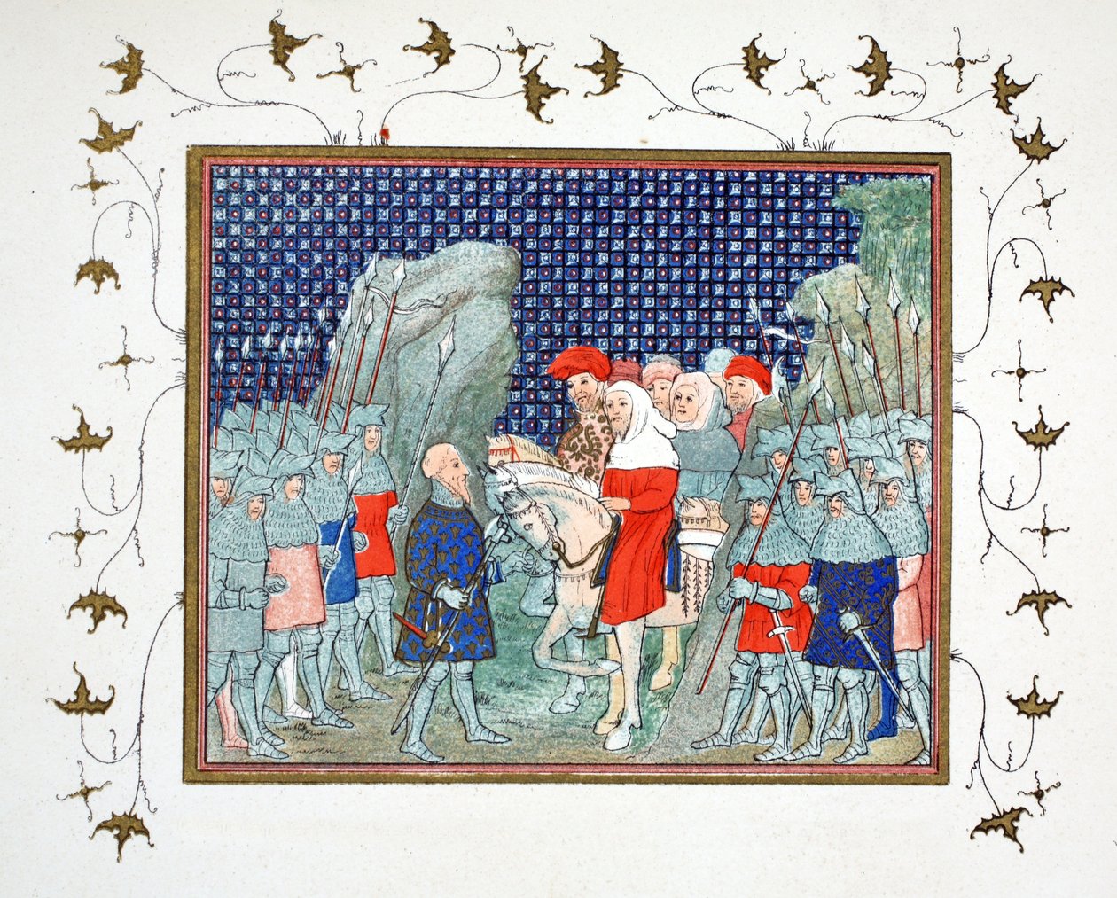 Richard II förrådd på Penmaur Rhos och tillfångatagen av hertigen av Northumberland, faksimilkopia från Le Prinse et Mort du Roy Richart av Jean Creton, omtryckt 1800-talet av French School