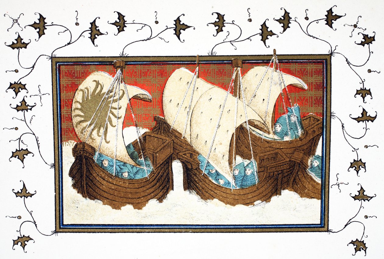 Richard II och hans flotta som landar Milford Haven, faksimilkopia från Le Prinse et Mort du Roy Richart av Jean Creton, omtryckt 1800-talet av French School