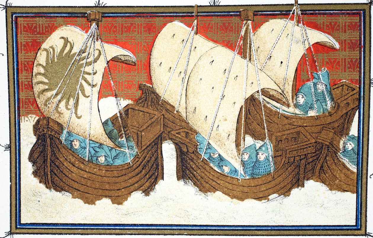 Richard II och hans flotta som landar Milford Haven, faksimilkopia från Le Prinse et Mort du Roy Richart av Jean Creton, omtryckt 1800-talet av French School