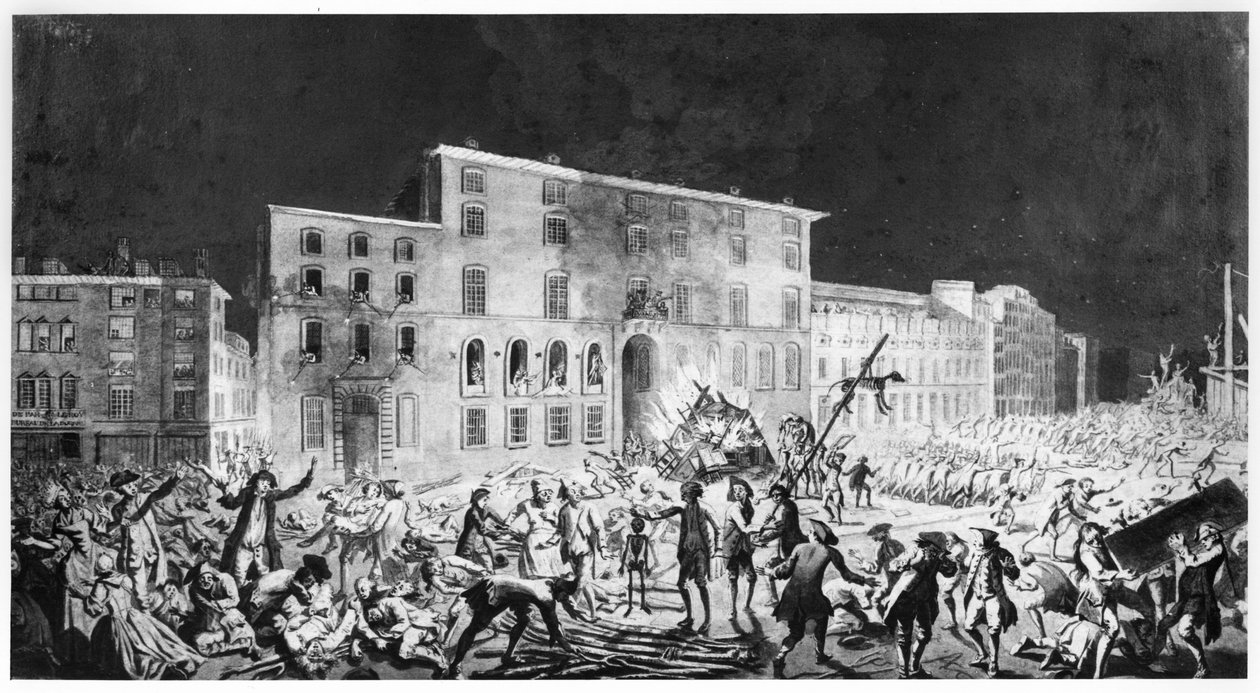 Upplopp i Lyon, 27 november 1768 (bläck & tvätt på papper) av French School