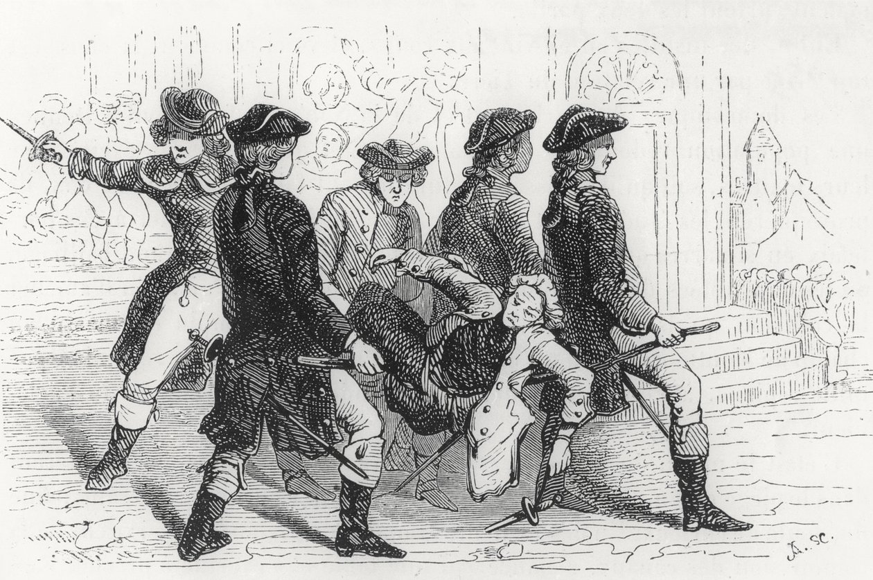 Riot in Rennes, wonded Gentleman, illustration från Bretagne och Vendee, History of the Revolution in the West av Pitre-Chevalier (1812-63) publicerad av W. Coquebert 1845-48 av French School