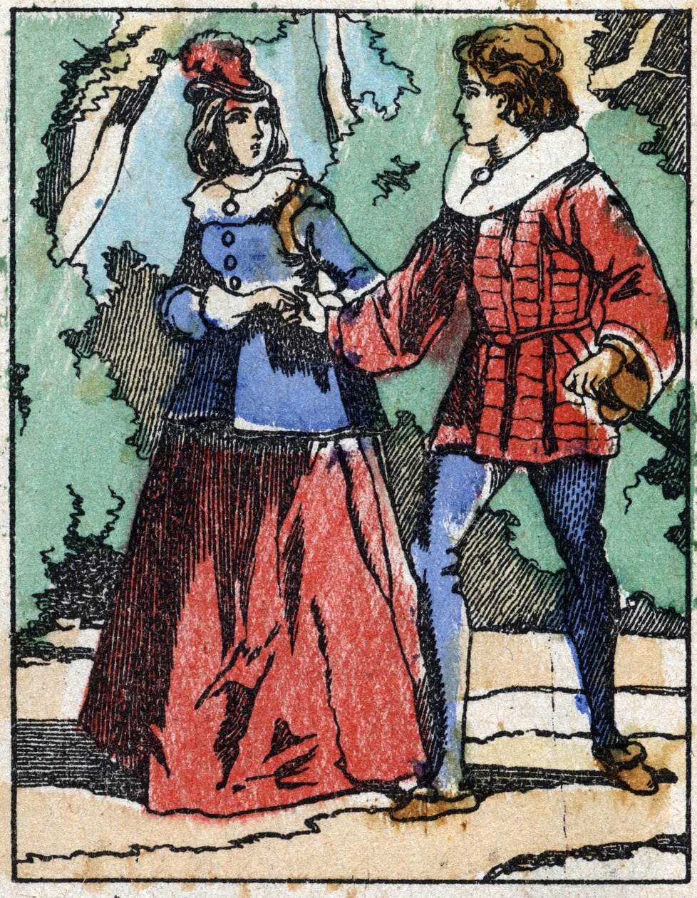 Riquet presenterar sig för prinsessan igen. Illustration till "" Riquet a la houppe", berättelse av Charles Perrault (1628-1703), fransk författare. Trästick av Imaging Pellerin - Epinal, sd. Sent 1800-tal. av French School