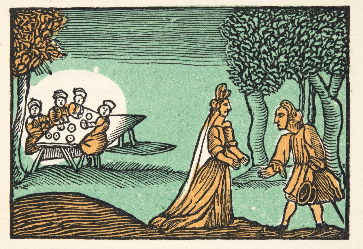 Riquet with the Tuft, från Historier eller berättelser om tidigare tider berättade av Mother Goose, With Morals, av M Perrault, pub. 1925 (handfärgat träblockstryck) av French School