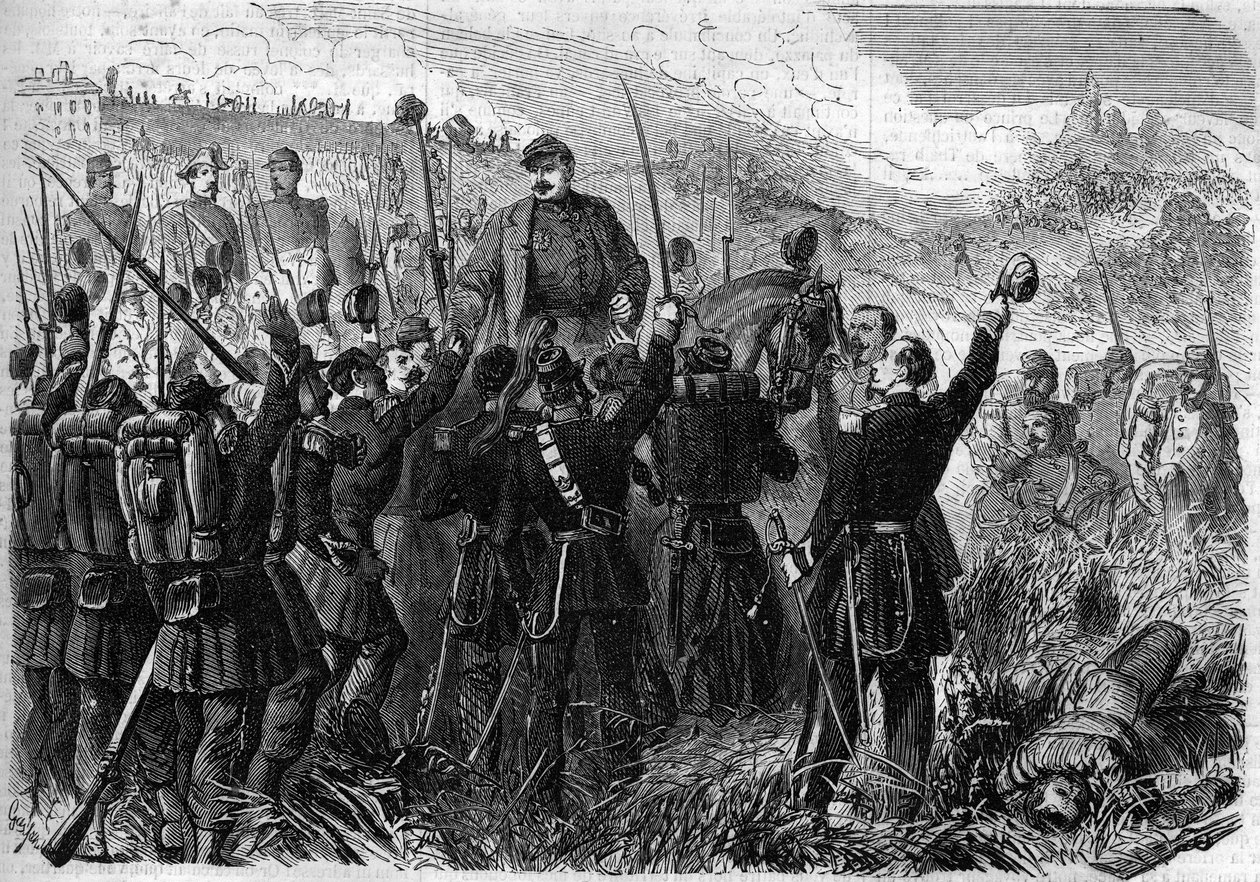 Risorgimento - Slaget vid Montebello della Battaglia (Italien), 21 maj 1859: Franske generalen Elie Frederic Forey (1804 - 1872), befälhavare för den italienska armén, triumferades av sina soldater efter segern över den österrikiska armén. Gravyr i "" Le M av French School