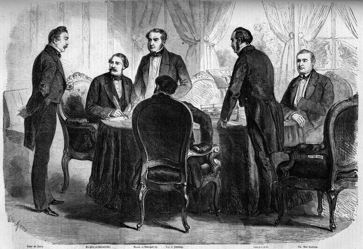 Risorgimento - Zürichfördraget - 10 november 1859: undertecknande av Zürichfördraget av Frankrikes, Österrikes och Sardiniens befullmäktigade. Österrike måste överge Lombardiet till Italien. Gravyr i "" Le Monde Illustré"" nr 136 av 19 november 1859. av French School