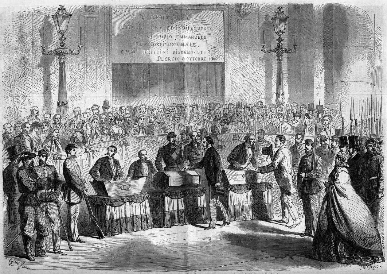Risorgimento, Neapel, 21 oktober 1860: befolkningens röst i kyrkan Saint Francois de Paule om stadens anknytning till kungariket Italien. Gravyr i "" Le Monde Illustré"" nr 188 av 17 november 1860. av French School
