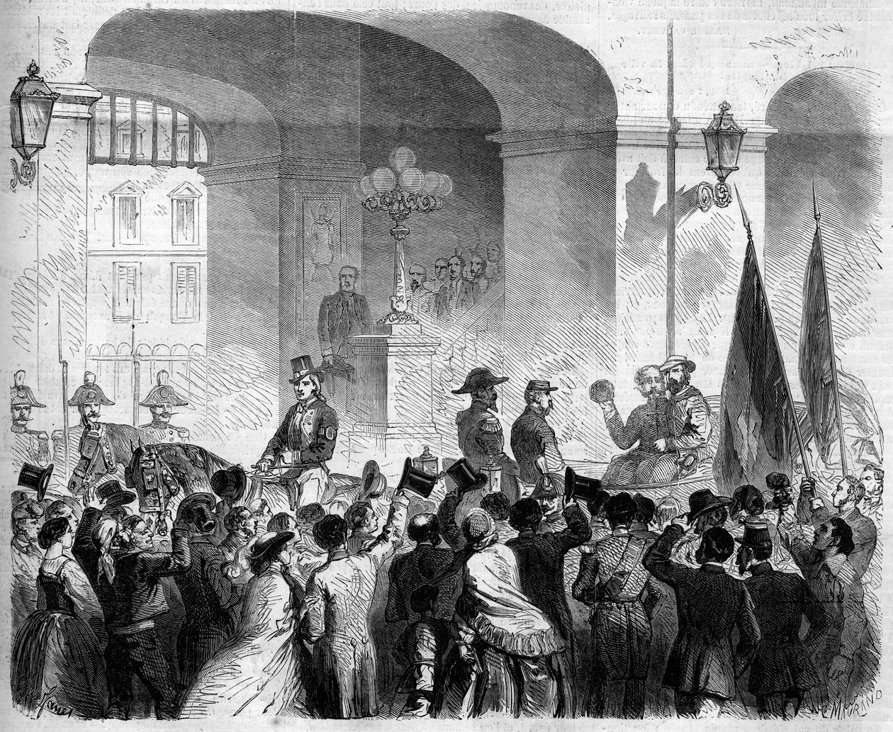 Risorgimento, Neapel, 7 november 1860: Victor Emmanuel II (Victor-Emmanuel) (Vittorio Emanuele) (1820-1878), kung av Italien, tillträde till det kungliga palatset i Neapel efter omröstningen av befolkningen som accepterade Neapels anslutning till Neapel. k av French School
