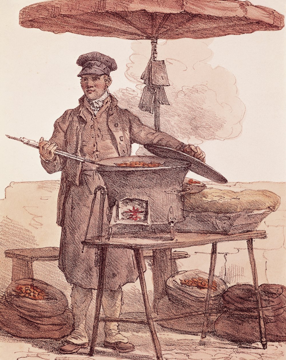 Rostade kastanjer säljare, tryck, Frankrike av French School