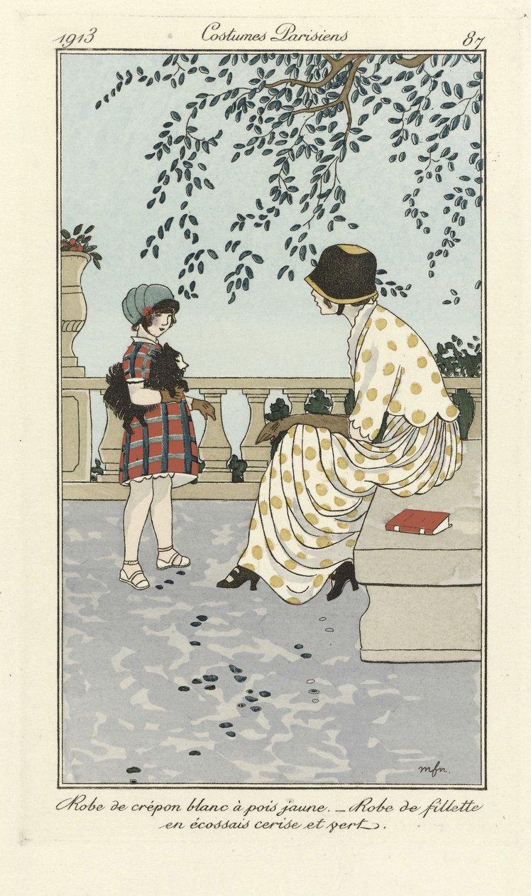 Vit Crépon-klänning med gula prickar - Flickklänning i körsbärsgrön tartan, från Costumes Parisien, pub.1913 (stenciltryck) av French School