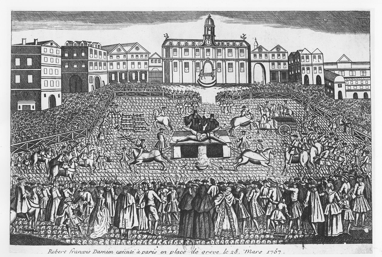 Robert-Francois Damiens avrättad på Place de Grève, Paris, 28 mars 1757 av French School