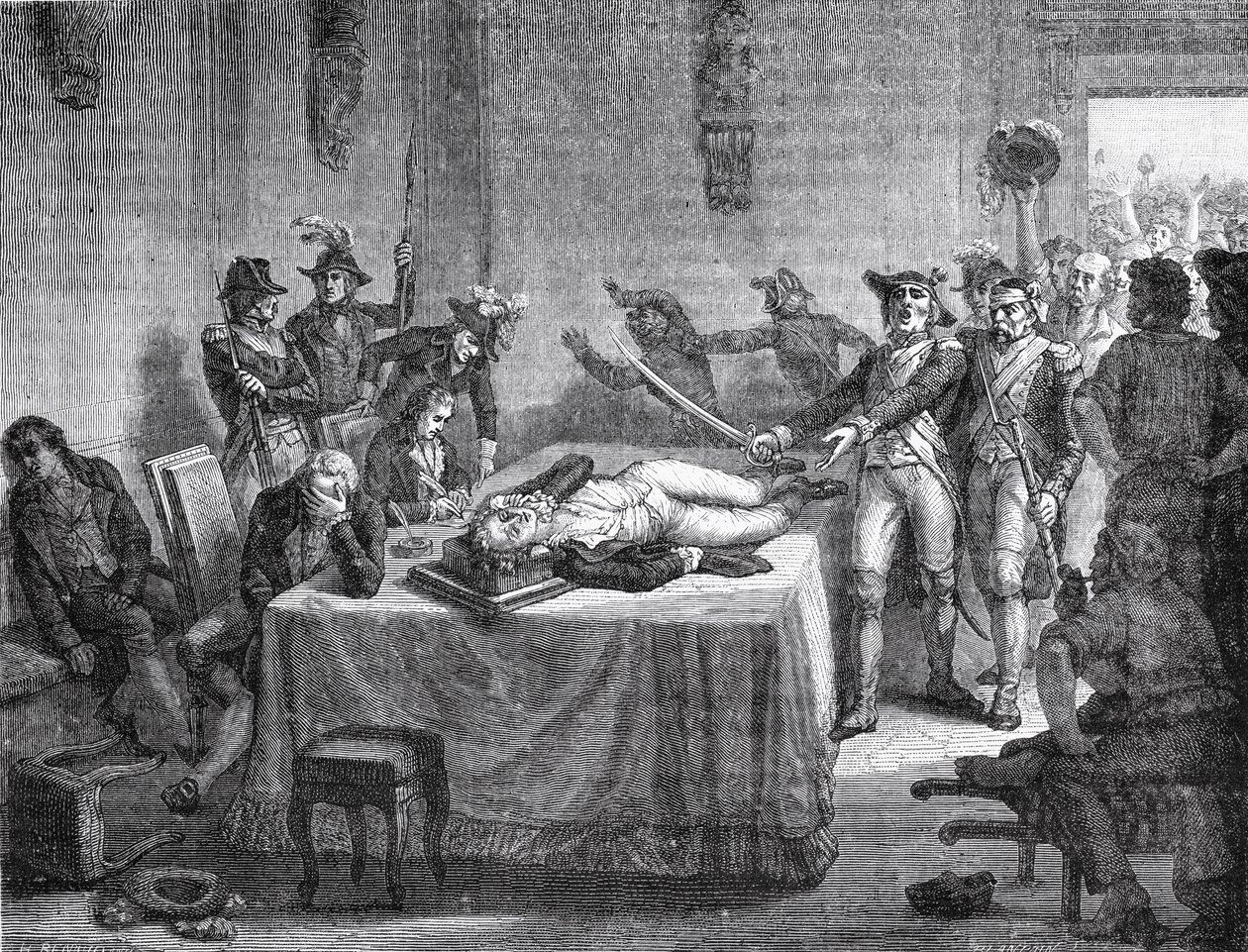 Robespierre väntar på avrättning efter att ha skjutit sig själv i käken 1794 av French School