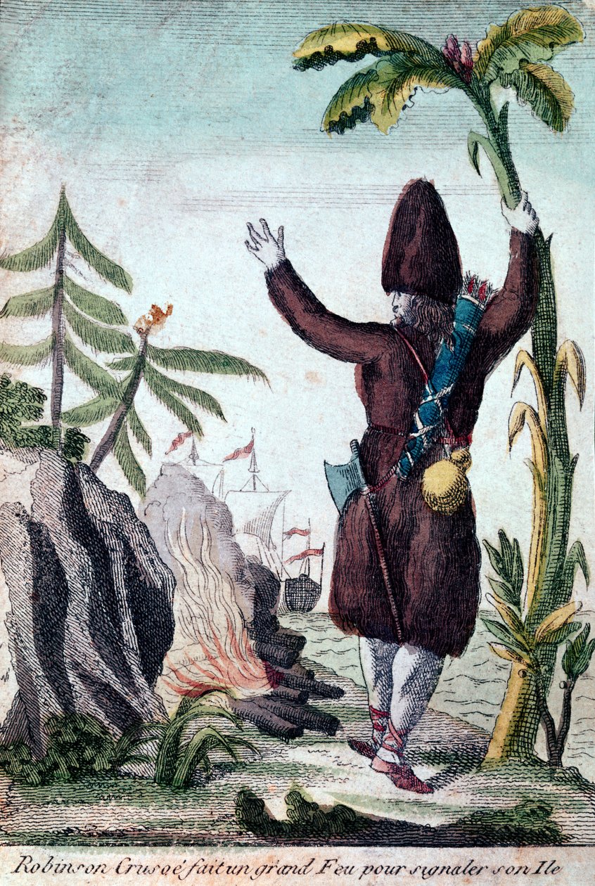 Robinson Crusoe gör upp eld för att uppmärksamma sin ö, Imagerie Basset (färggravyr) av French School