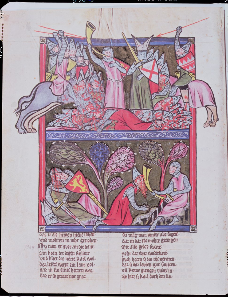 Roland blåser i horn vid Roncevaux, illustration från Le Chanson de Roland, kopia av ett originalmanuskript bevarat i Saint-Gall i Schweiz av French School