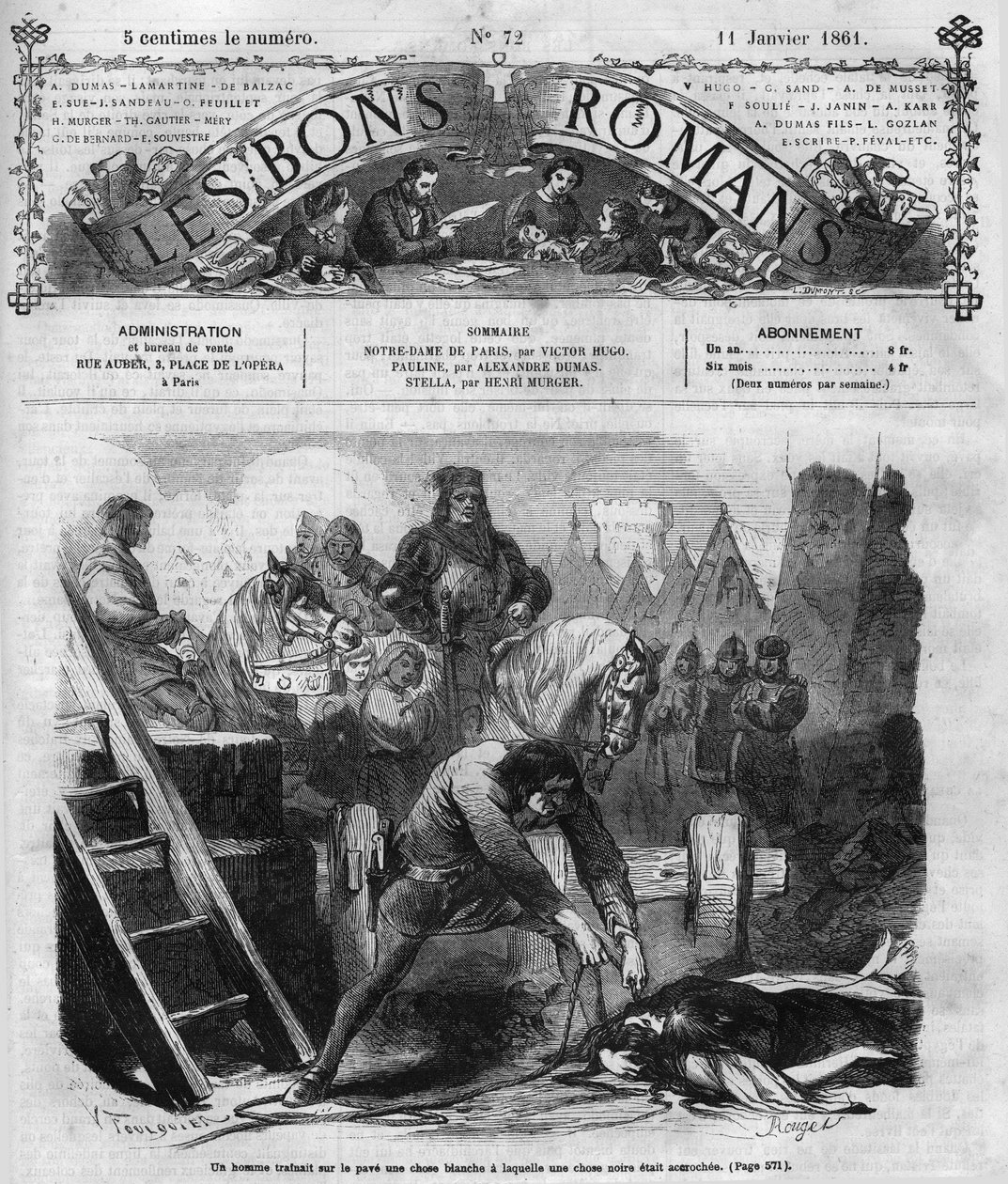 Romersk följetong: "" Notre Dame de Paris"" av Victor Hugo (1802-1885). En man dränerar två kvinnor på stenen. Gravyr i "" Les bons romances"" av French School