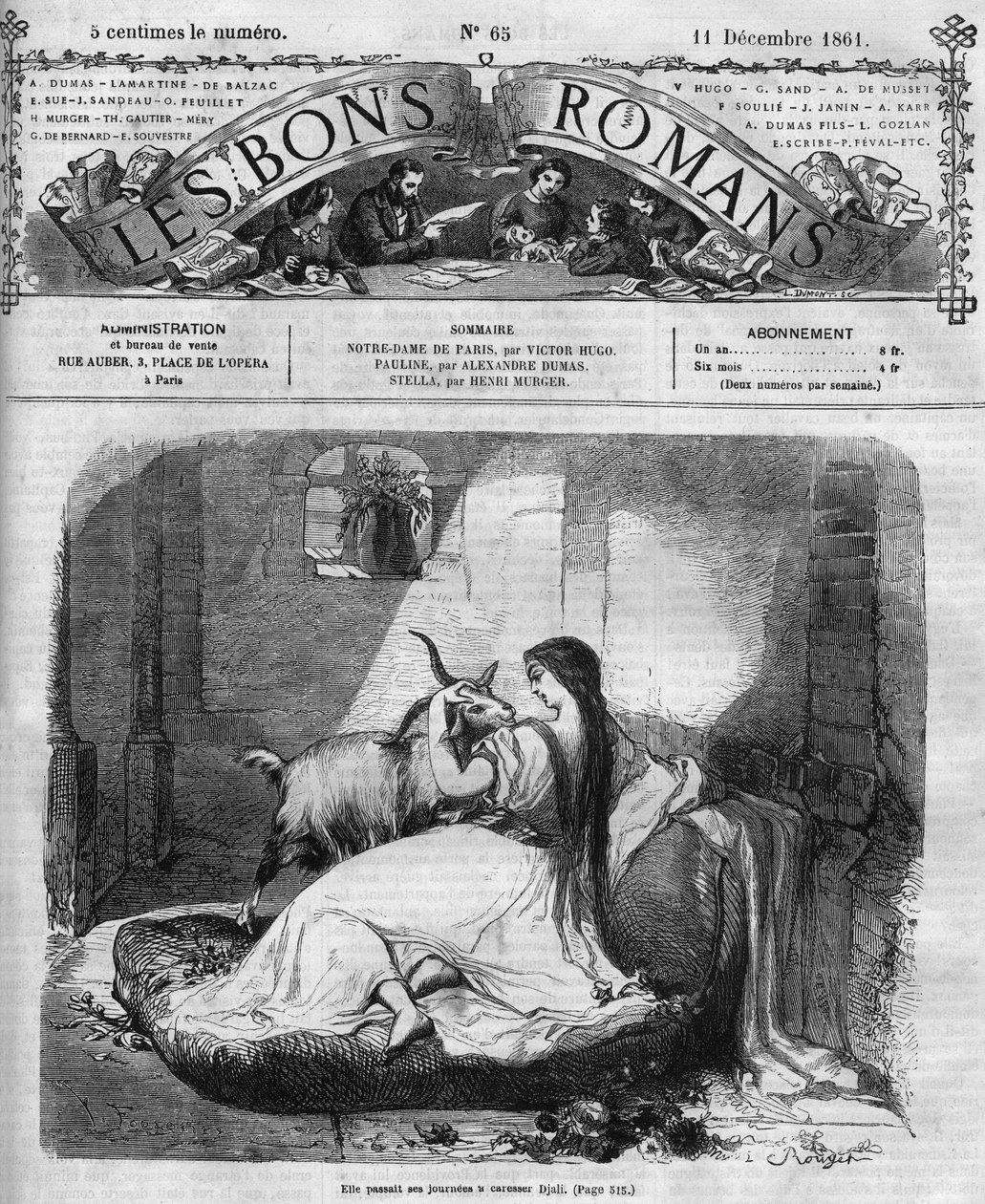 Romersk följetong: "" Notre Dame de Paris"" av Victor Hugo (1802-1885). Esmeralda och geten. Gravyr i "" Les bons romances"" av French School