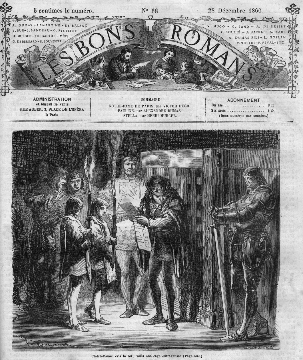 Romersk följetong: "" Notre Dame de Paris"" av Victor Hugo (1802-1885). Kungen inspekterar buren. Gravyr i "" Les bons romances"" av French School