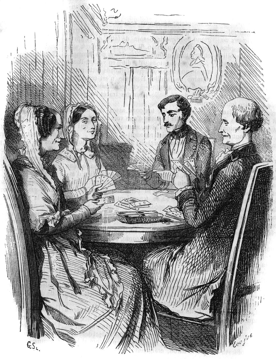 Romersk följetong: "" Greven av Monte Cristo"" (Monte-Cristo) av Alexandre Dumas (1802-1870). Ett kortspel mellan fyra karaktärer. Gravyr i "" Les bons romances"" av French School