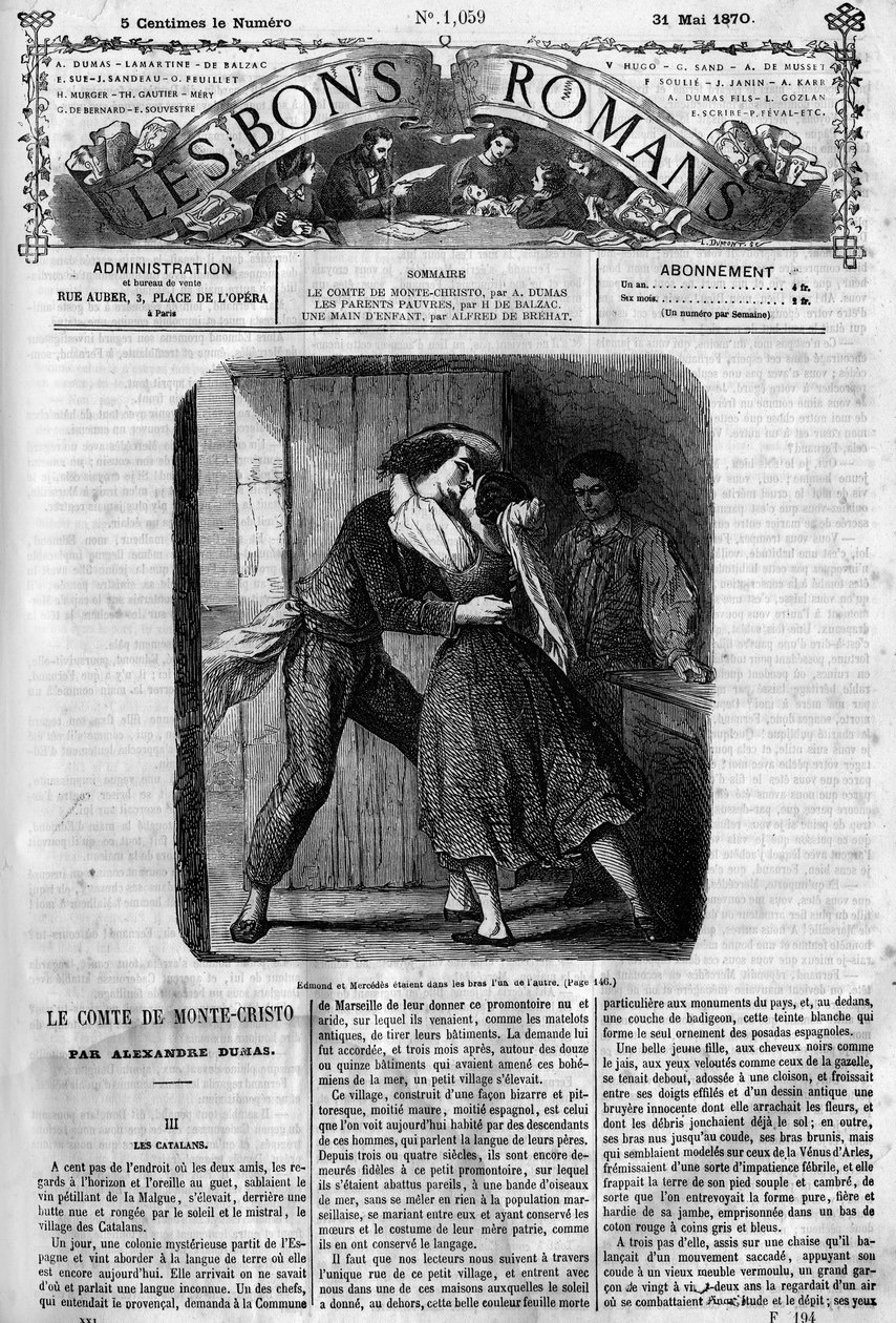 Romersk följetong: "" Greven av Monte Cristo"" (Monte-Cristo) av Alexandre Dumas (1802-1870). Sexscen mellan Edmond Dantes och Mercedes. Gravyr i "" Les bons romances"" av French School