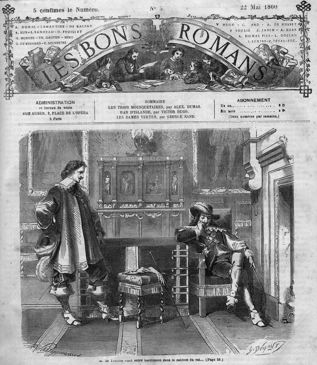 Romersk följetong: "De tre musketörerna" av Alexandre Dumas (1802-1870). Monsieur de Treville återvänder djärvt till kungens kontor. Gravyr i "" Les bons romances"" av French School