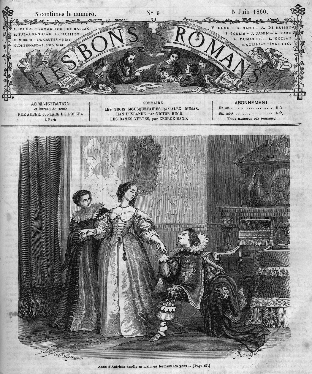 Romersk följetong: "De tre musketörerna" av Alexandre Dumas pere (1802-1870). Anne av Österrike (1601-1666) ger hertigen av Buckingham (Georges Villiers) en låda med hennes diamantillrar. Illustration av kapitel XII. Gravyr i "" Les bons romances av French School