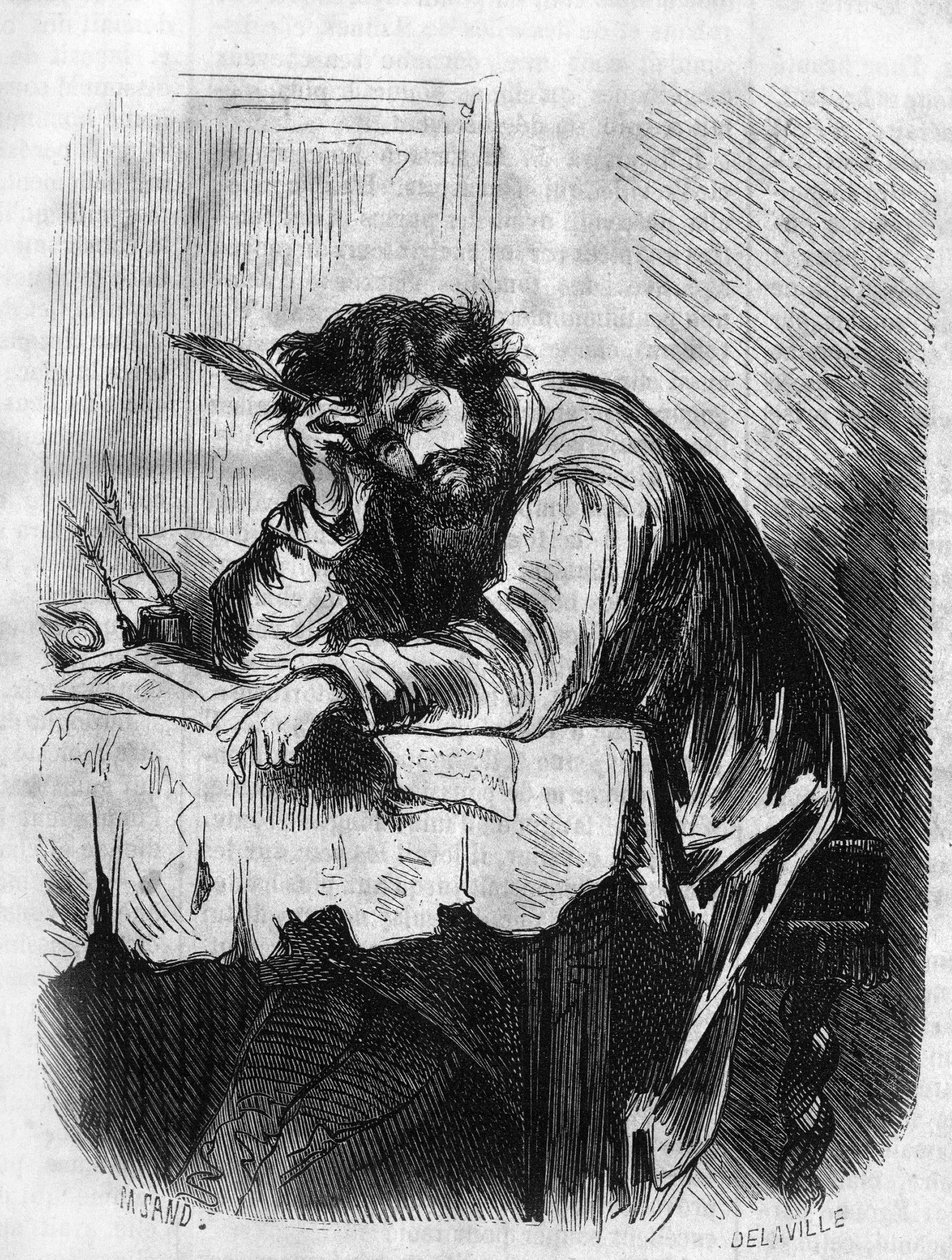 Romersk såpopera: "" Horace"" av George Sand (Aurore Dupin, Baronne Dudevant) (1804-1876). "Horace var engagerad i litterära essäer." Gravyr i "" Les bons romances"" av French School