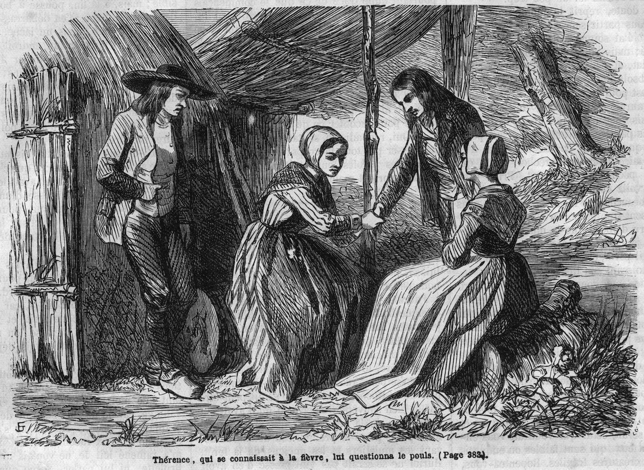Romersk såpopera: "" The Master Ringers"" av George Sand (Aurore Dupin, Baroness Dudevant) (1804-1876). Därifrån tar kycklingen. Gravyr i "" Les bons romances"" av French School