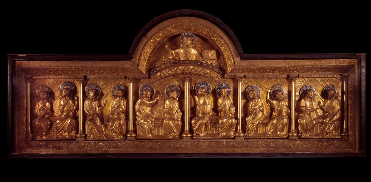Romansk konst: altartavla av Pentecote: antependium i trä, koppar och emalj. Från Stavelot (Meuse) Omkring 1160-1170. Paris, Nationalmuseet för medeltiden, Thermes de Cluny av French School
