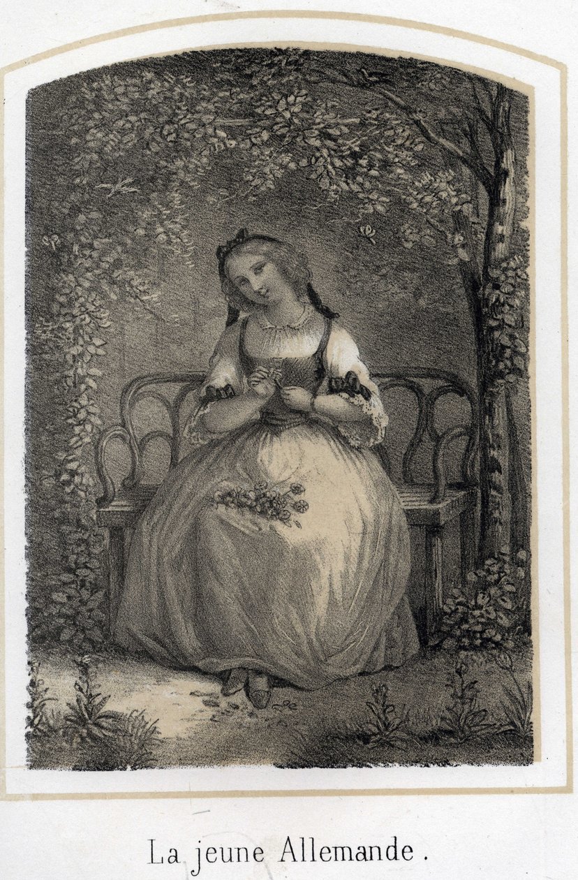 Romantik: en ung tysk kvinna som sitter på en bänk och tar av en tusensköna och tänker på sin älskare. Anonym gravyr från 1800-talet av French School