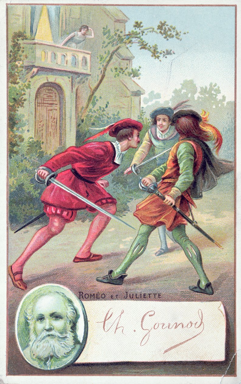 Romeo kämpar mot Tybalt i Gounods opera Romeo och Julia anpassad från pjäsen av William Shakespeare (1564-1616) av French School