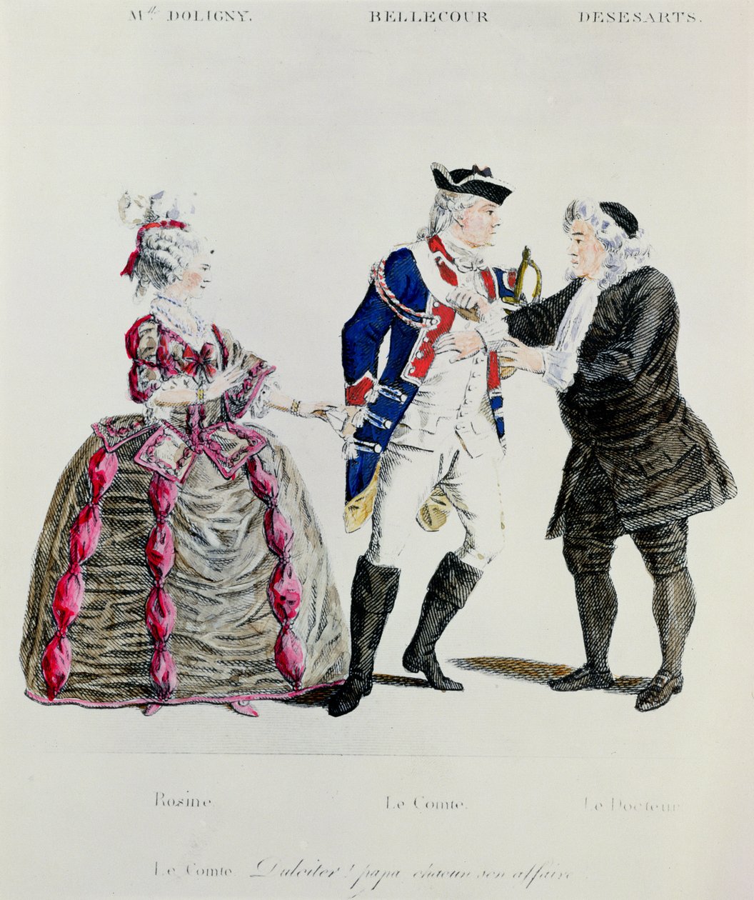 Rosine, greve Almaviva och doktorn, scen från akt II scen 13 av Barberaren i Sevilla av Pierre Augustin Caron de Beamarchais (1732-99) av French School