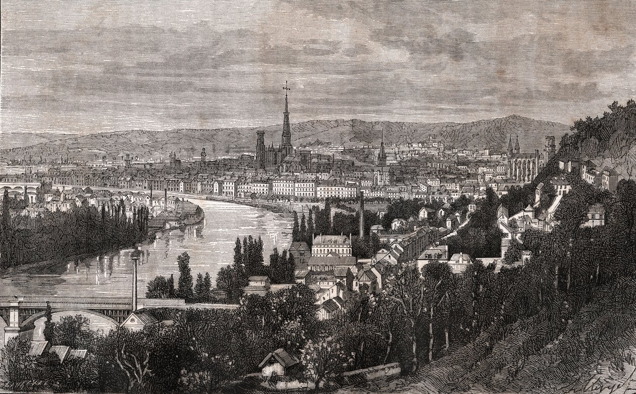 Rouen - Seine-Maritime - gravyr i "La France illustree: geografi, historia, statistisk administration" av V.A. Malt-brunt. 1884 av French School
