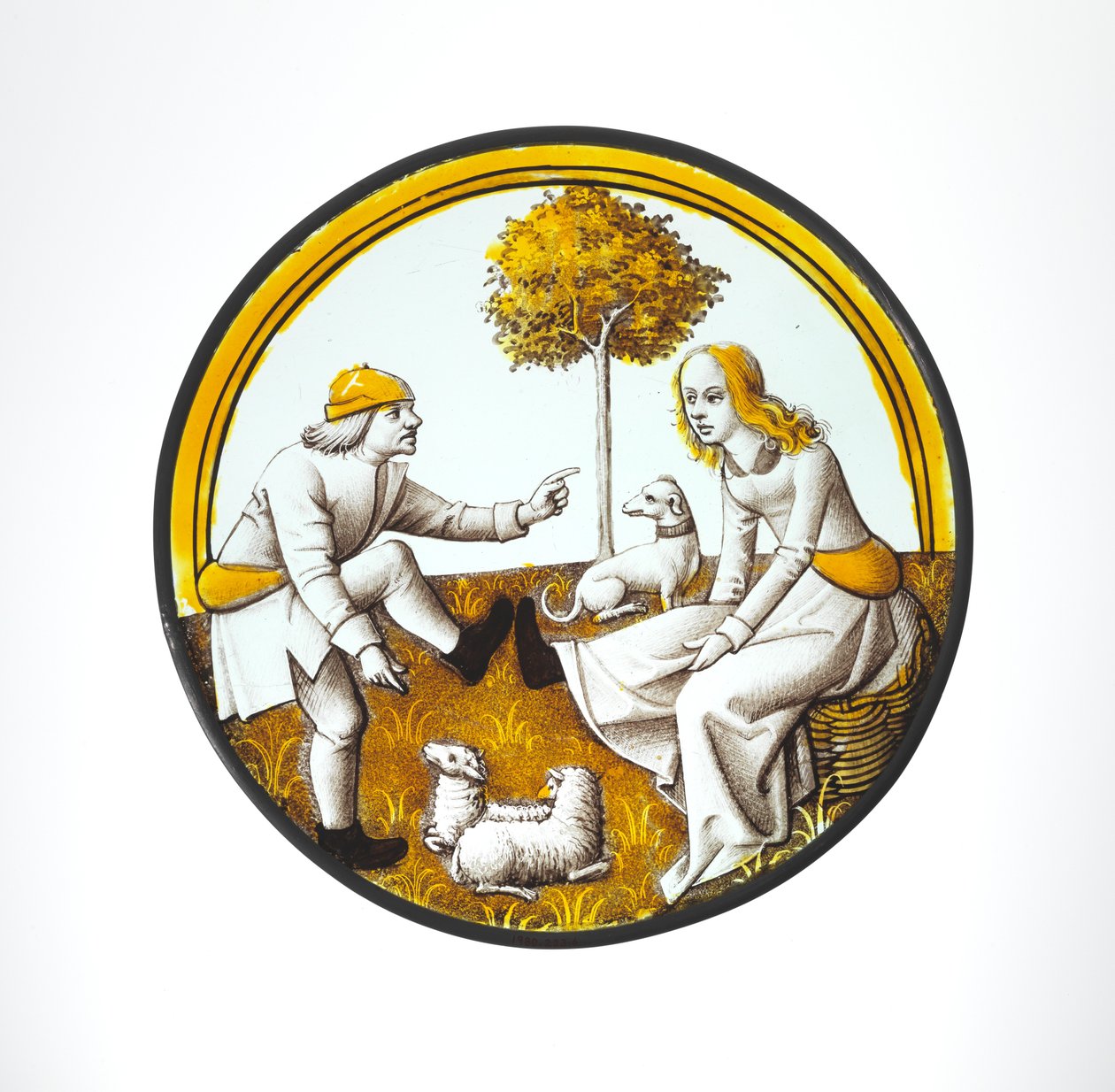 Roundel med par som spelar på Quintain, ca 1500 (glas, glasaktig färg och silverbets) av French School