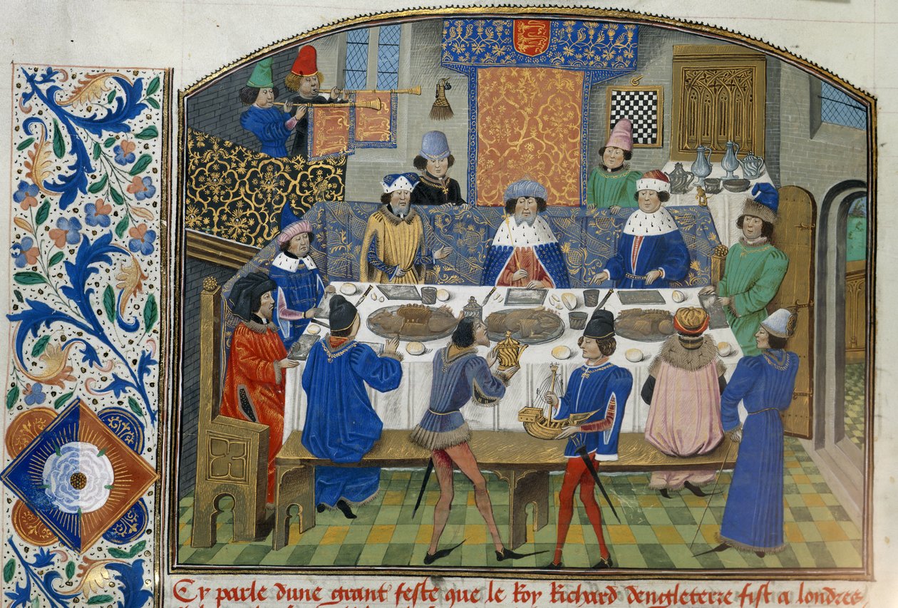 Roy 14 E IV fol.265v Hertigarna av York, Gloucester och Irland äter med Richard II, Vol III 