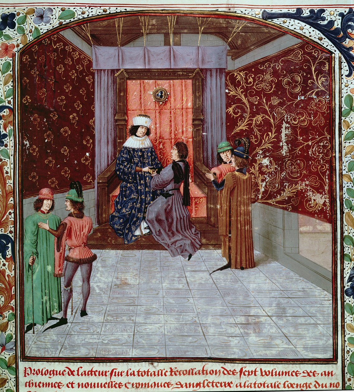 Roy 15 E IV f.14 Edward IV tar emot boken från författaren, från Old Chronicles of England, av Jean Batard de Wavrin, c.1470-80 (vellum) av French School
