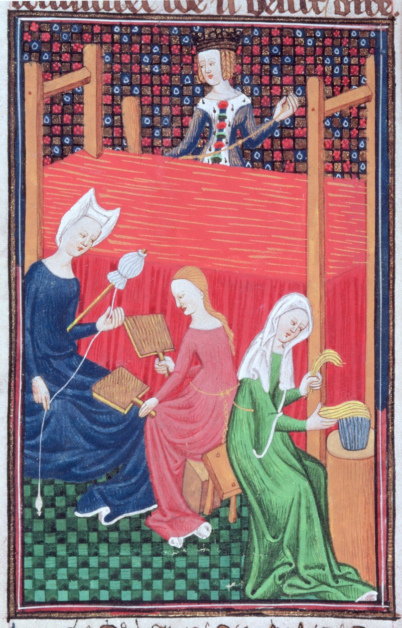 Roy 16 G V f.56 Gaia Caecilia eller Tanaquil, med vävstol och kvinnor som snurrar, från `De Claris Mulierbus