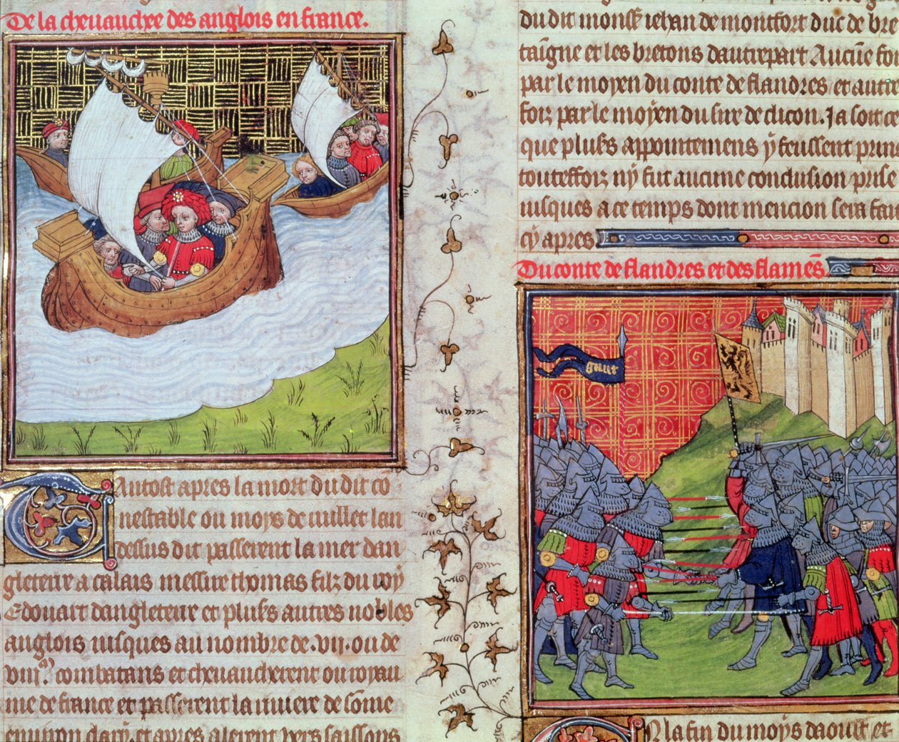 Roy 20 C VII f.219v Engelsmännen till sjöss, och striden mellan männen i Gent och greven av Flandern, slutet av 1300-talet (vellum) av French School