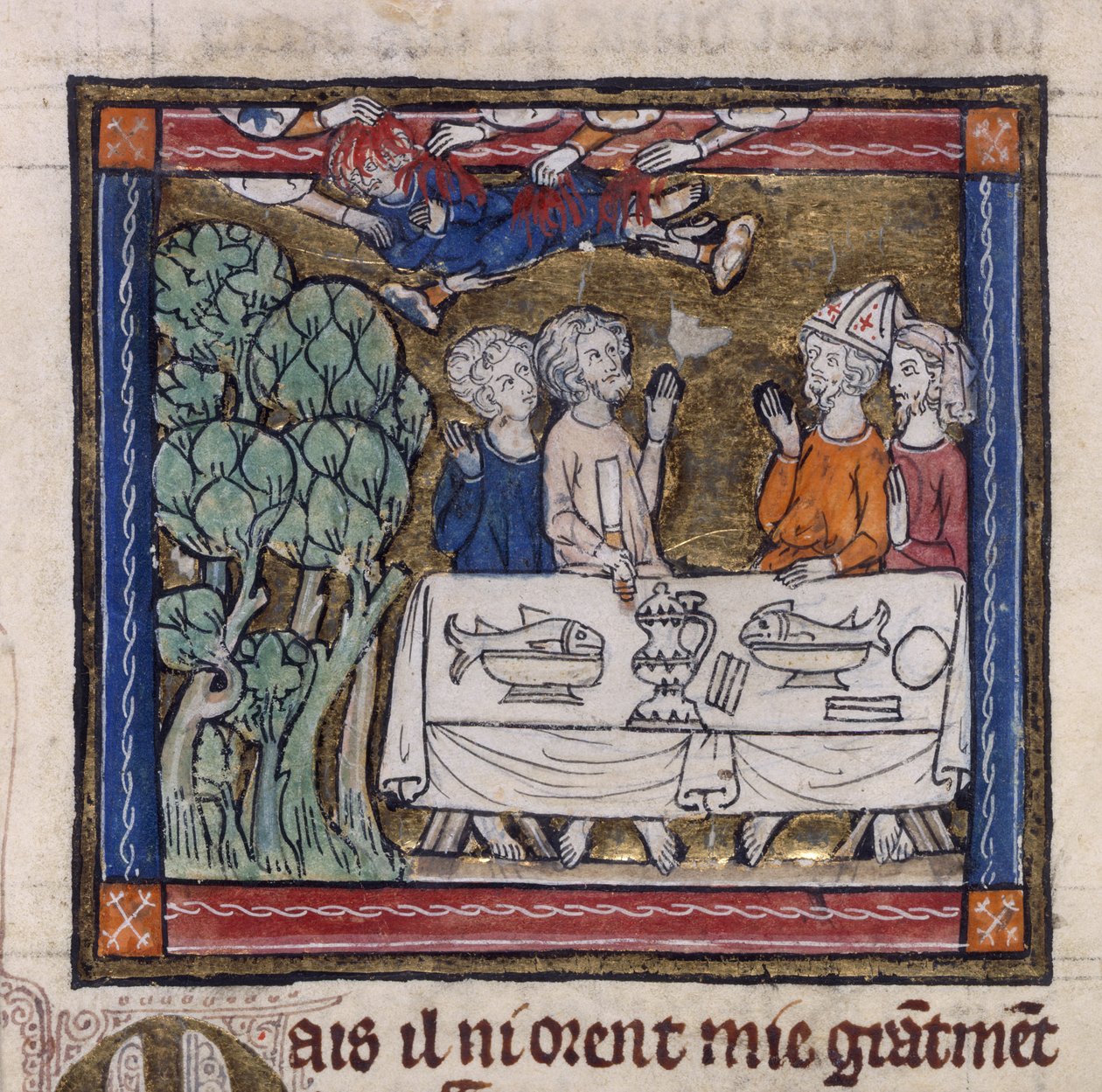 Royal 14 E.III fol.76v Sju händer kastade eld på Moys, från 