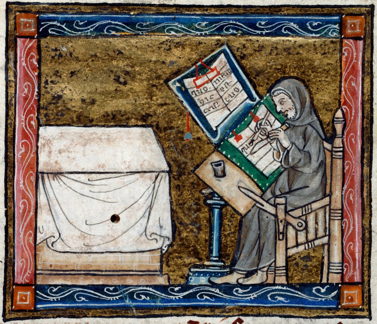 Royal 14 E. III, f.6v Skriftskrivare kopiering från en kopia, illustration från 
