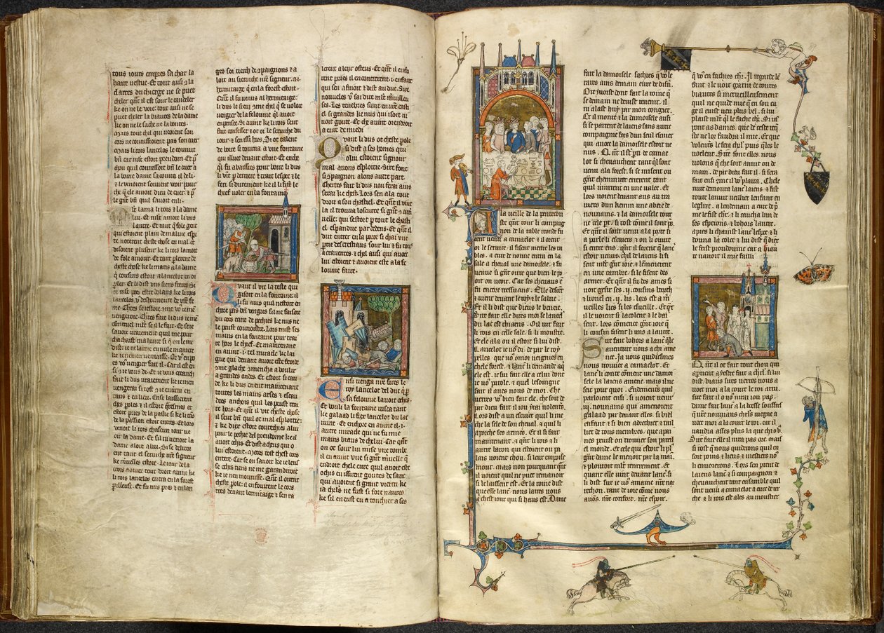 Royal 14 E. III, ff.88v-89 Lancelot tar bort huvudet på sin avhuggna farfar, kungen, ur en kokande brunn; en byggnad som kollapsade på två riddare. Till höger, miniatyr av Arthur och Guinevere vid en bankett, från 