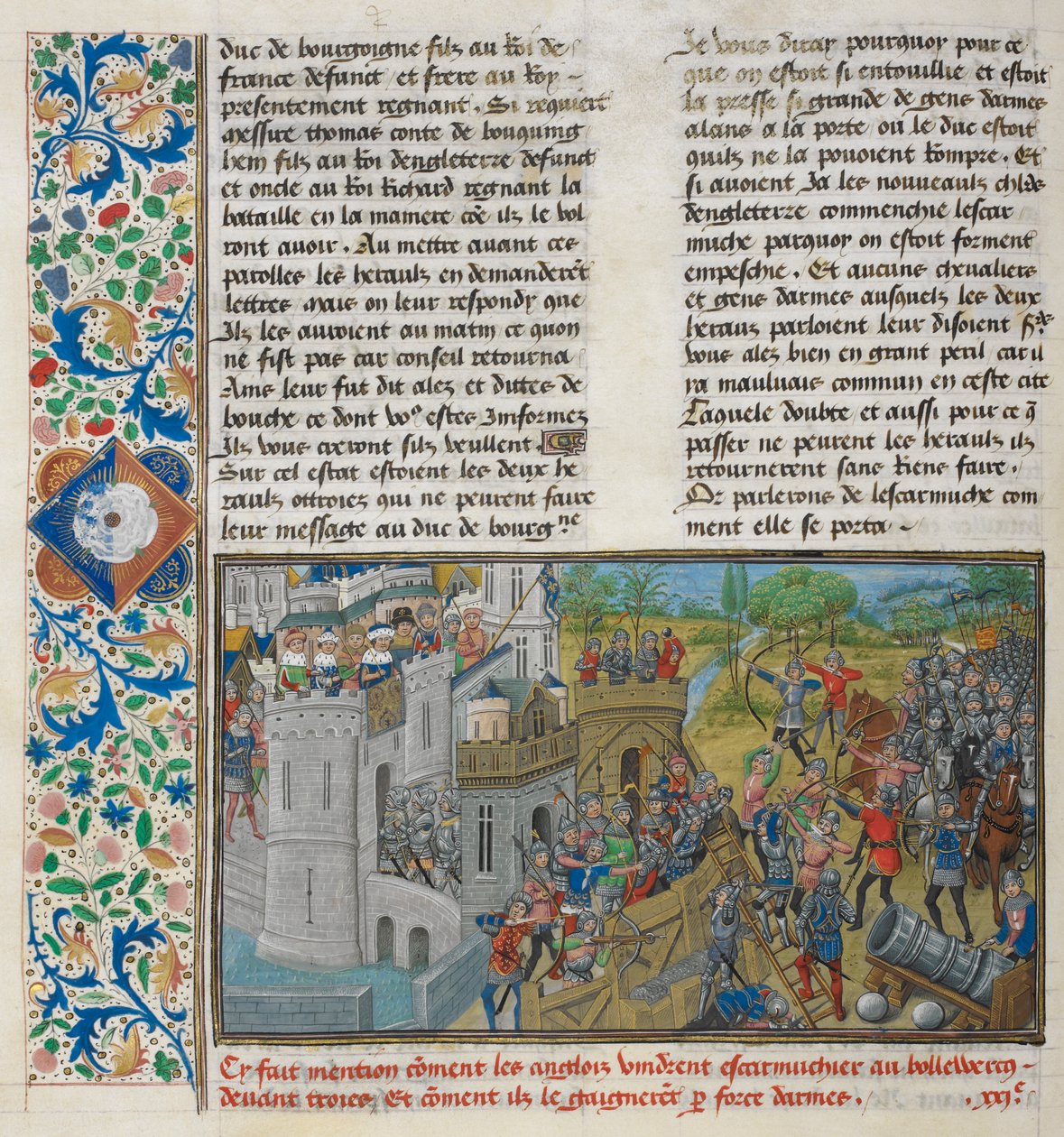 Royal 14 E. IV, f.59v En fångst av en bastion i Troyes, från 