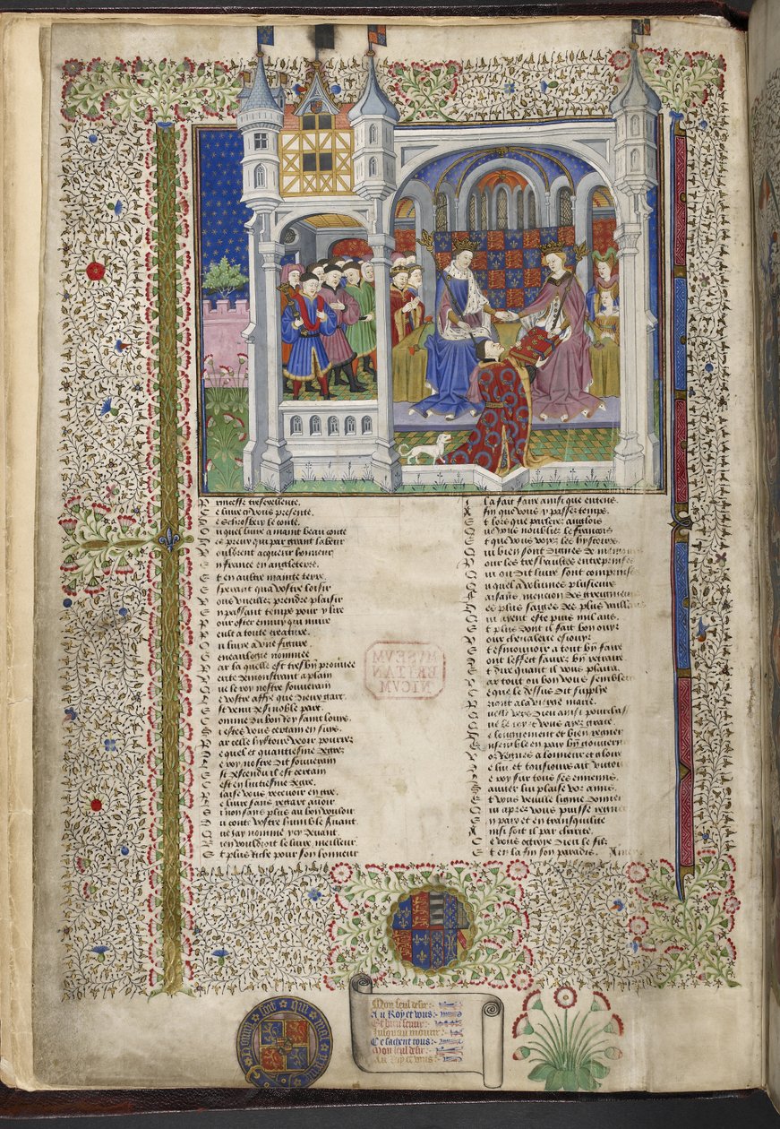 Royal 15 E. VI, f.2v Margaret of Anjou, sittande med sin man kung Henry VI, illustration från 