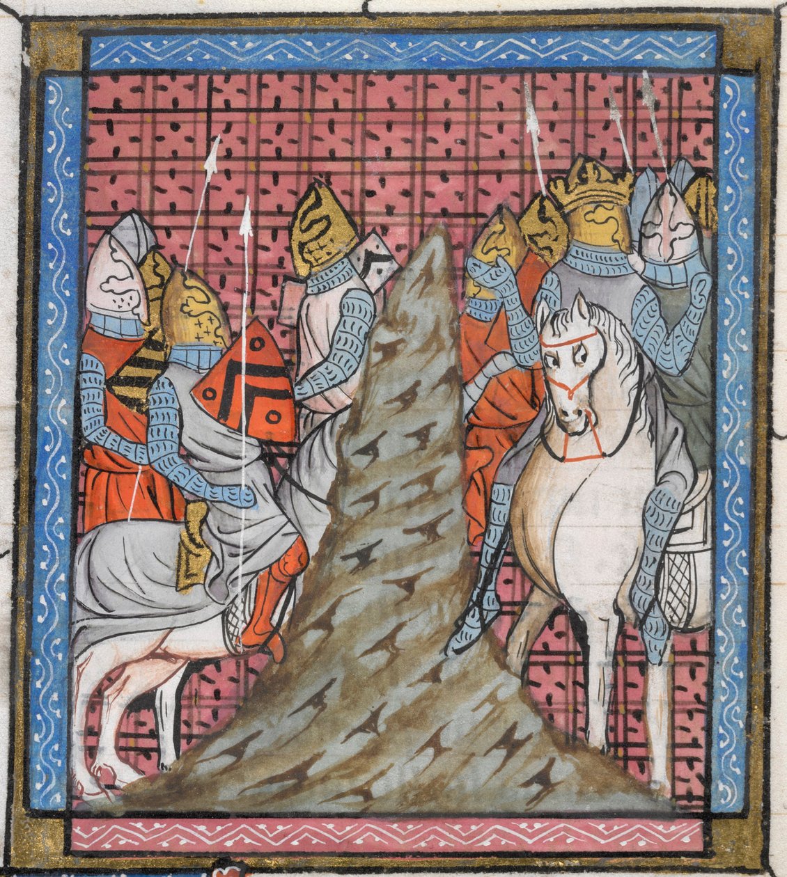 Royal 16 G. VI, f.317v Detalj av en miniatyr av divisionen av en korstågsarmé när de korsade ett berg, illustration från 