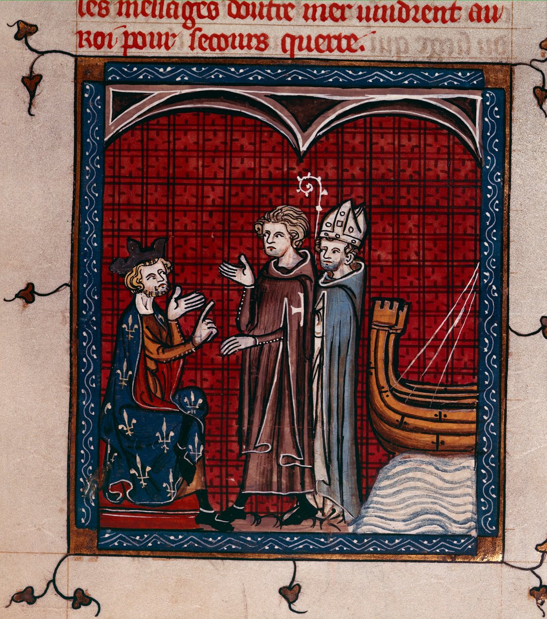 Royal 16 G. VI, f.337 Kung Filip II och patriark, illustration från 