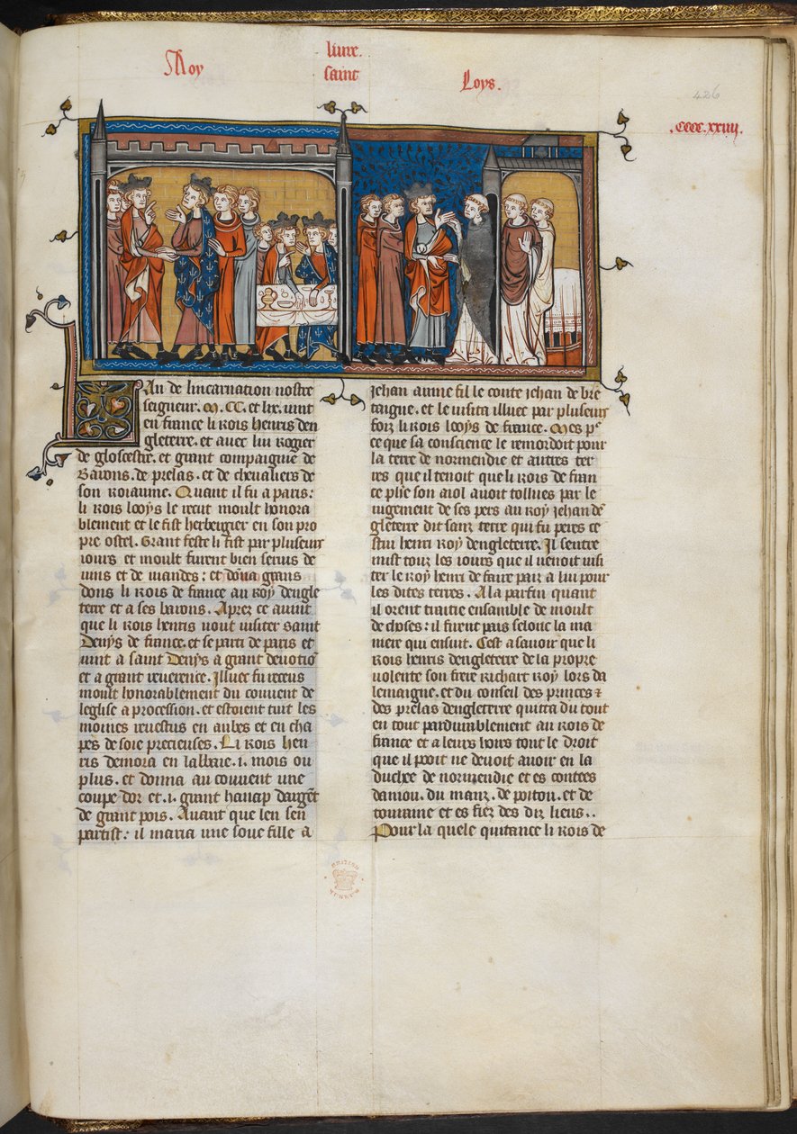 Royal 16 G VI f.426r Miniatyr av Henrik III på besök hos Ludvig IX och Henrik III på St Denis, sida från 