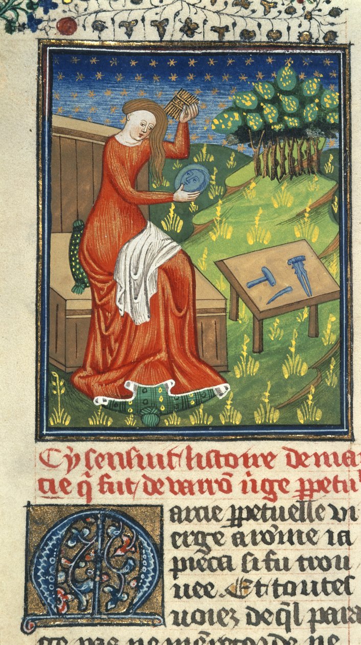 Royal 16 G. V, f.80 Jaia av Cyzicus, med kam, spegel och skulptörsverktyg, illustration från 