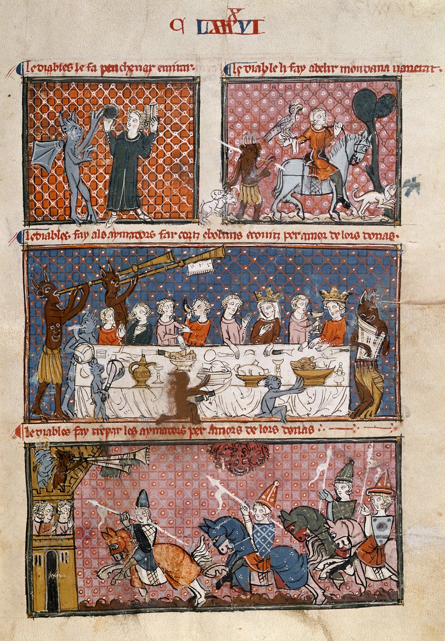Royal 19 C. I fol.204 Diaboliska frestelser, från Le Breviari d
