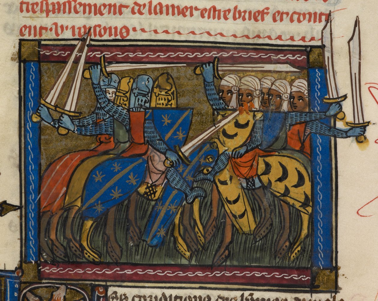 Royal 19 D. I f.189v Kristna och saracenska arméer i strid, illustration från 