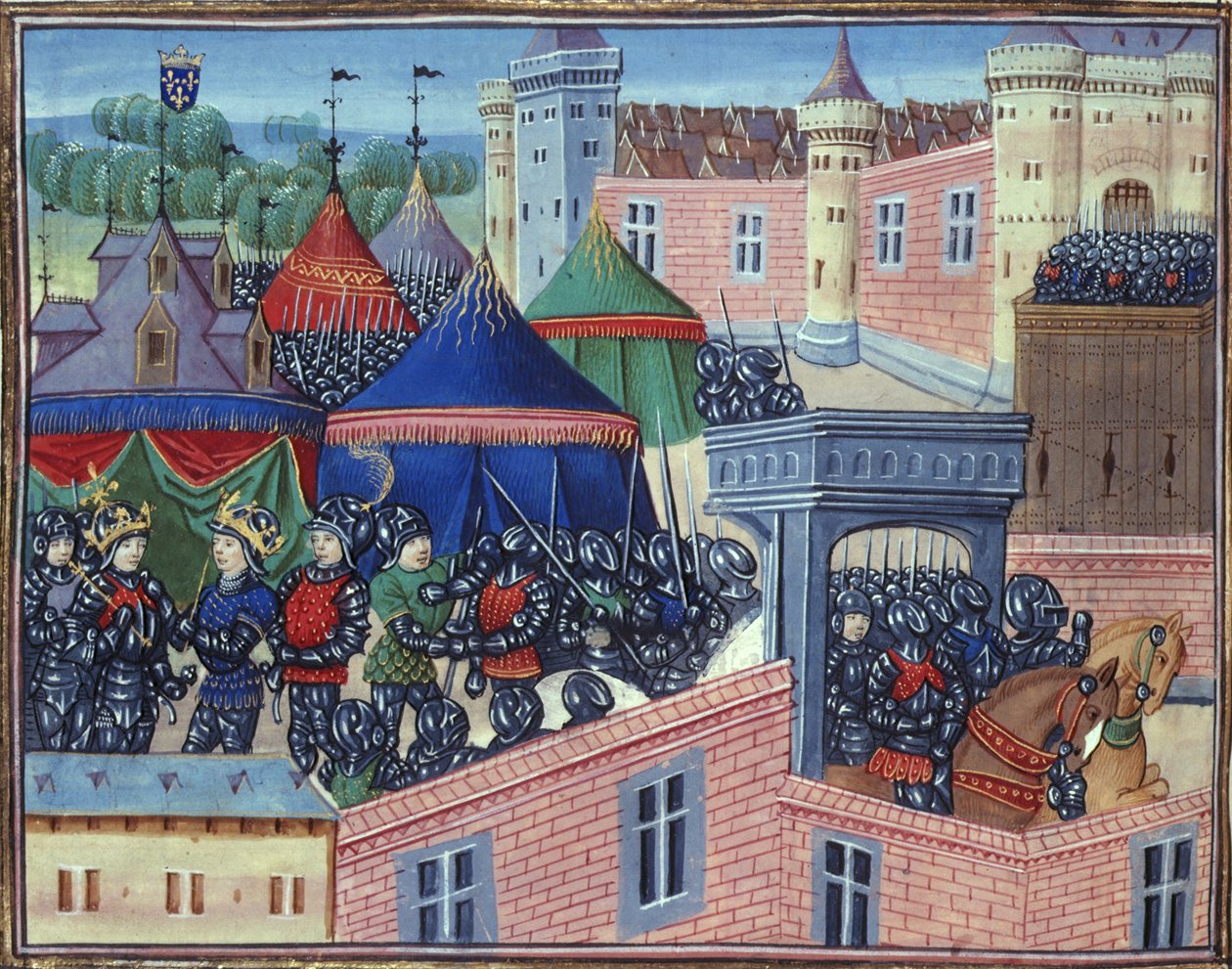 Royal 20 C.IX fol.137v Kungarna av Frankrike och Sicilien med sina arméer före Metz, från 