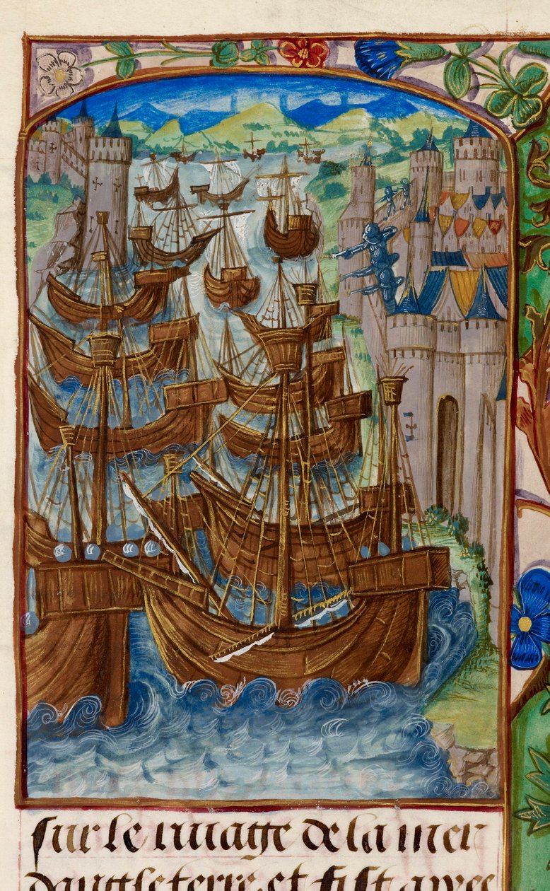 Royal 20 E. III, fol.186v Fransk flotta attackerad vid Sluys, från 