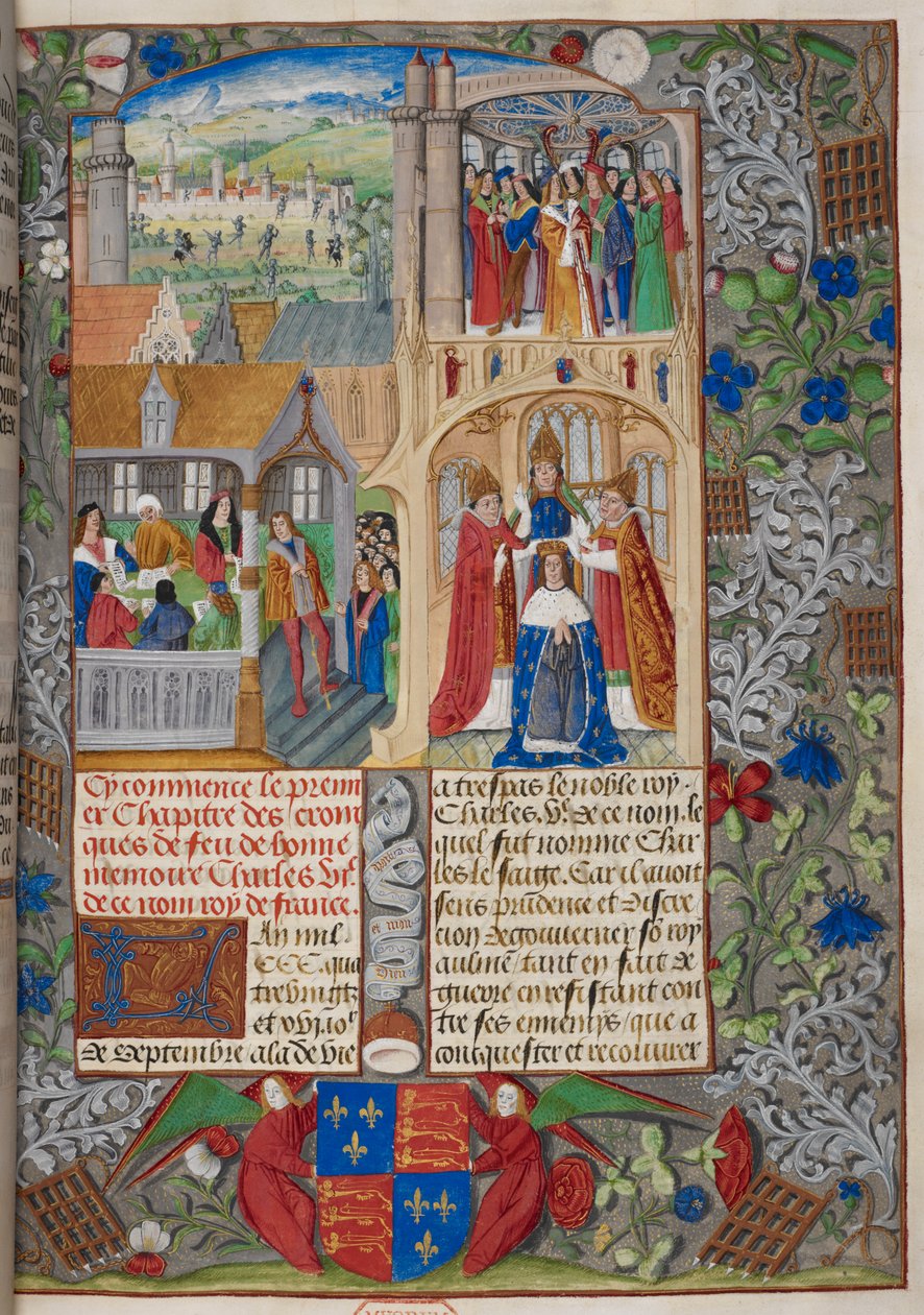 Royal 20 E. V, f.8 Kröning av Karl VII, scener från 